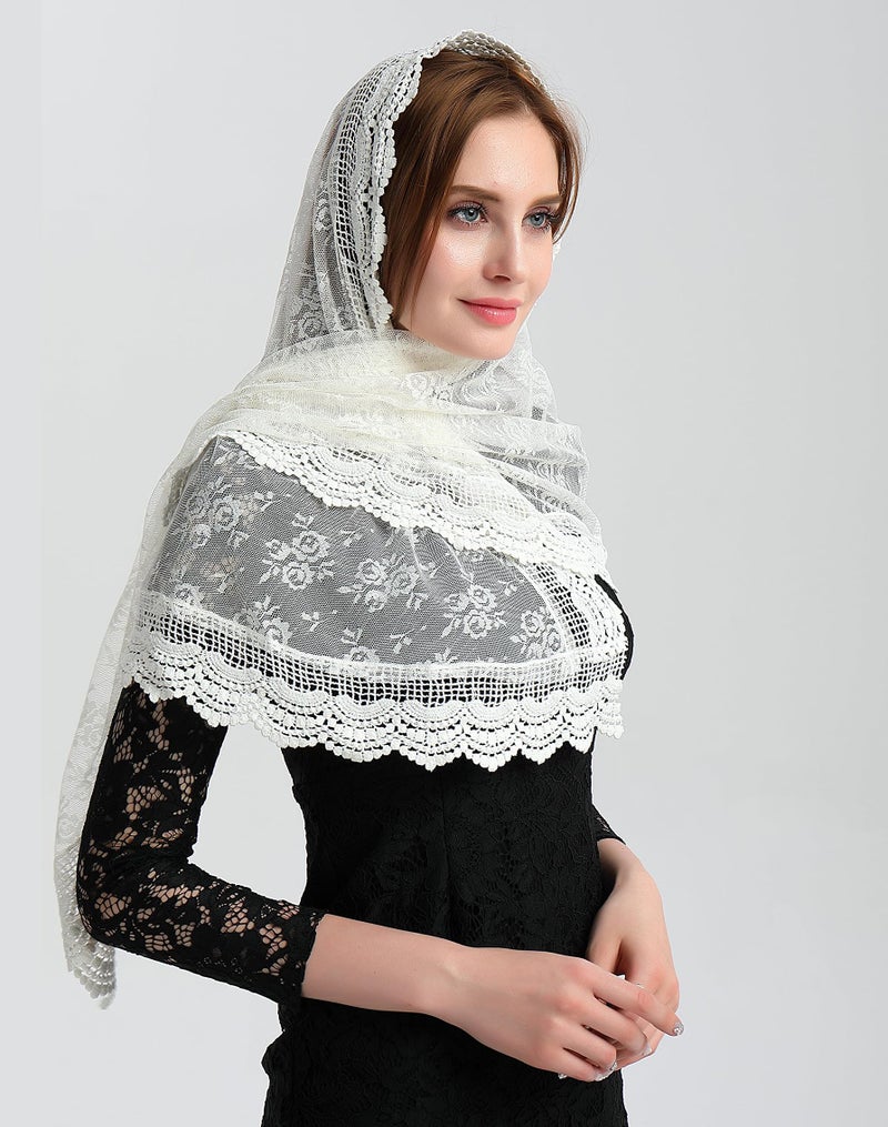 Leimandy Soft Scarf Mantilla Veil Catholic Chapel Latin Mass Church Veil Lace Head Covering for Women Religious Ceremony Daily Wear V31 (Ivory) - Image 4